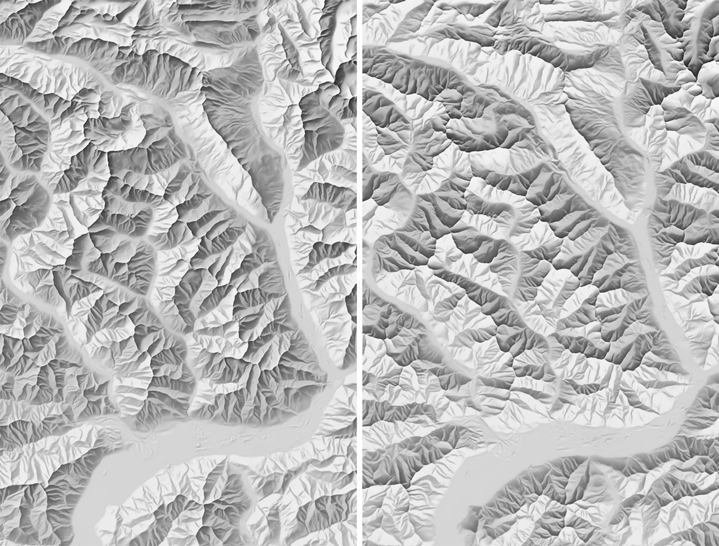 Light rotation for relief shading with Eduard. Left: top-left illumination. Right: bottom illumination (Ticino, Switzerland)